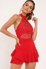 Red Sequin Caged Halterneck Bodysuit - Aanvi-Bodysuits