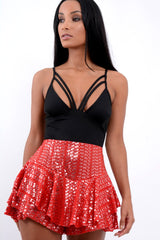 Red Sequin Frill High Waisted Shorts - Kaden-Shorts