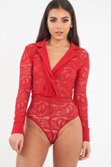 Red Sheer Lace Plunge Long Sleeve Bodysuit - Janica-Bodysuits