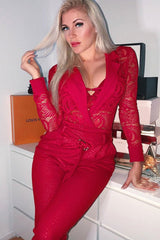 Red Sheer Lace Plunge Long Sleeve Bodysuit - Janica-Bodysuits