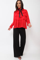 Red Sheer Ruffle Blouse with Striped Neck Tie - Viktoria-Shirts