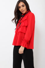 Red Sheer Ruffle Blouse with Striped Neck Tie - Viktoria-Shirts