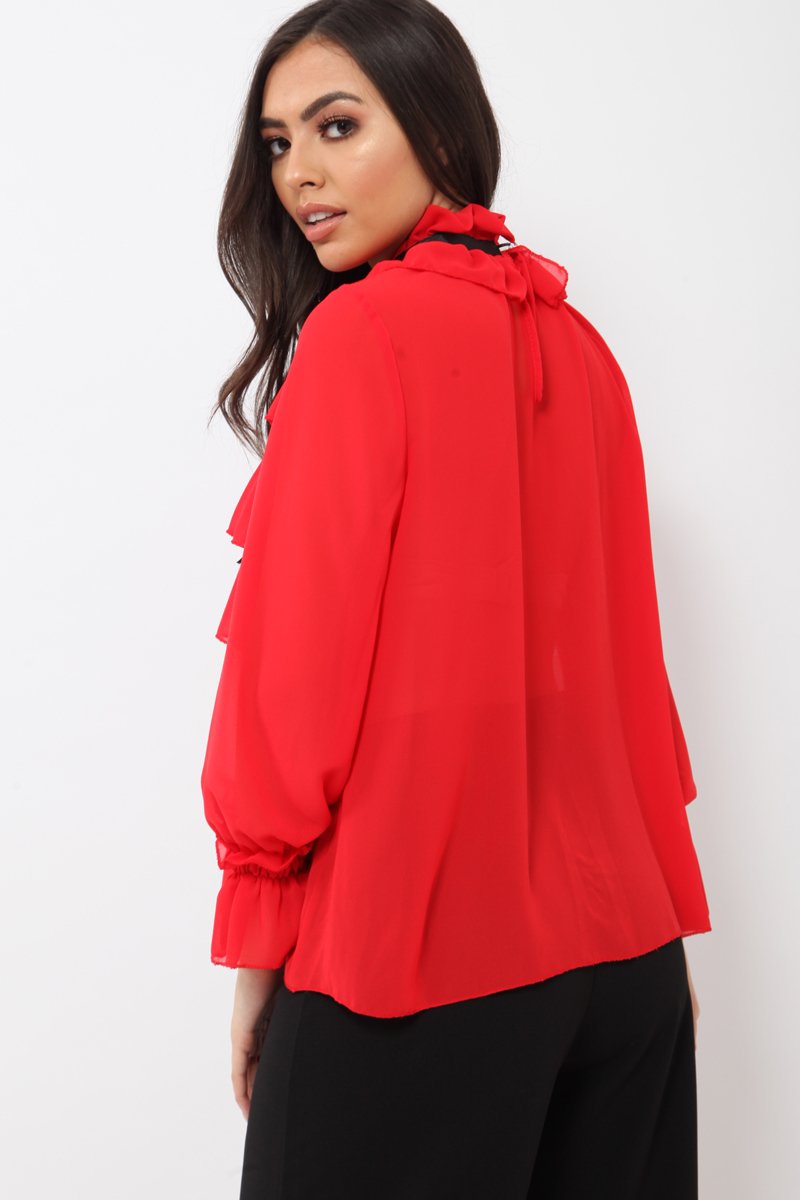 Red Sheer Ruffle Blouse with Striped Neck Tie - Viktoria-Shirts