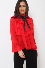 Red Sheer Ruffle Blouse with Striped Neck Tie - Viktoria-Shirts