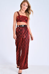 Red Shimmer Checkerboard Wide Leg Trousers - Beatriz-Trousers