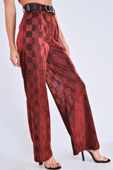 Red Shimmer Checkerboard Wide Leg Trousers - Beatriz-Trousers