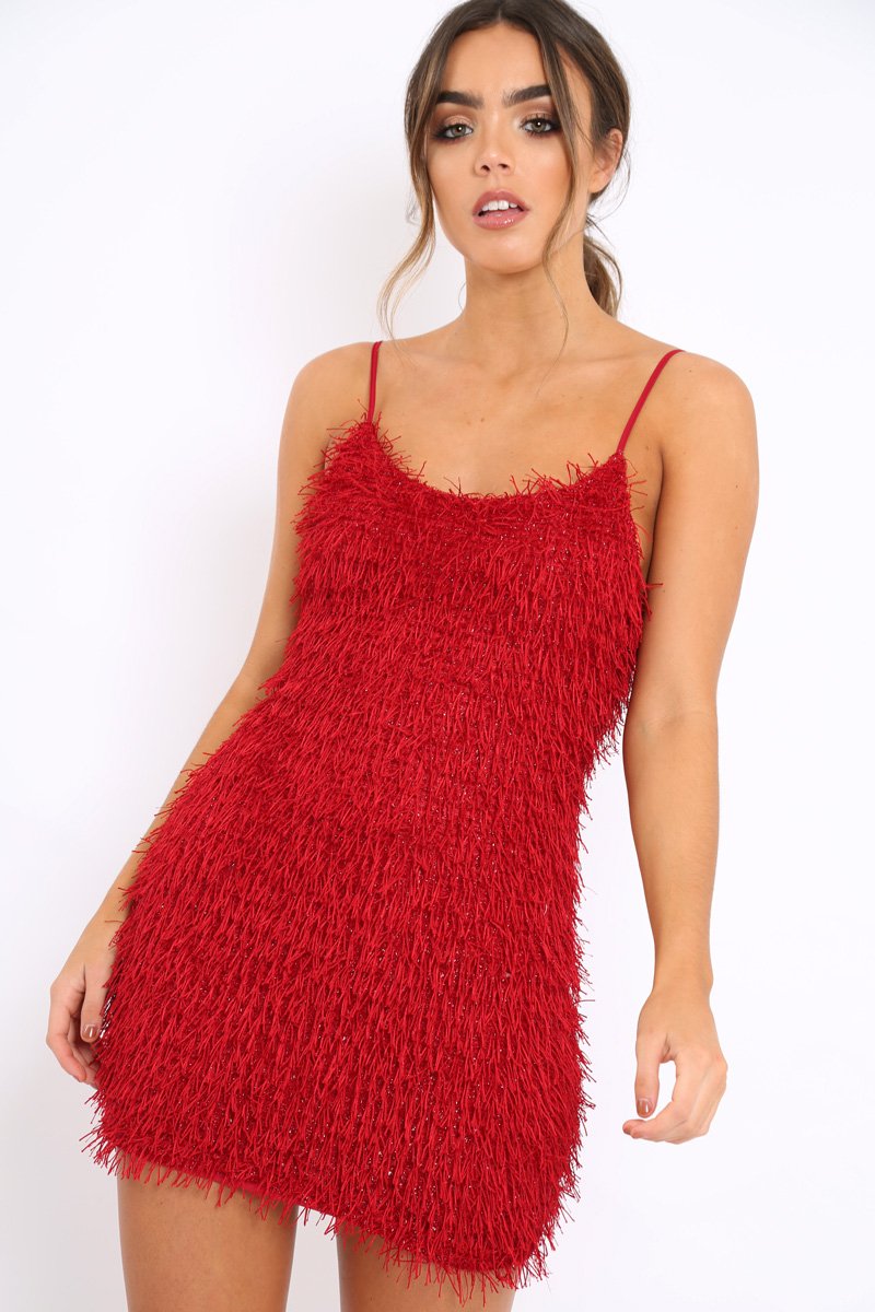 Red Shimmery Shaggy Dress - Sophie-Dresses