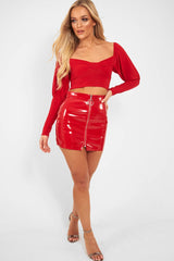 Red Shiny Vinyl Mini Skirt - Aariah-Skirts