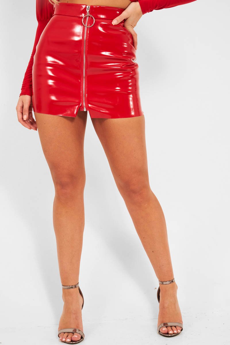 Red Shiny Vinyl Mini Skirt - Aariah-Skirts