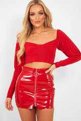 Red Shiny Vinyl Mini Skirt - Aariah-Skirts