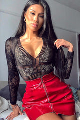 Red Shiny Vinyl Mini Skirt - Aariah-Skirts