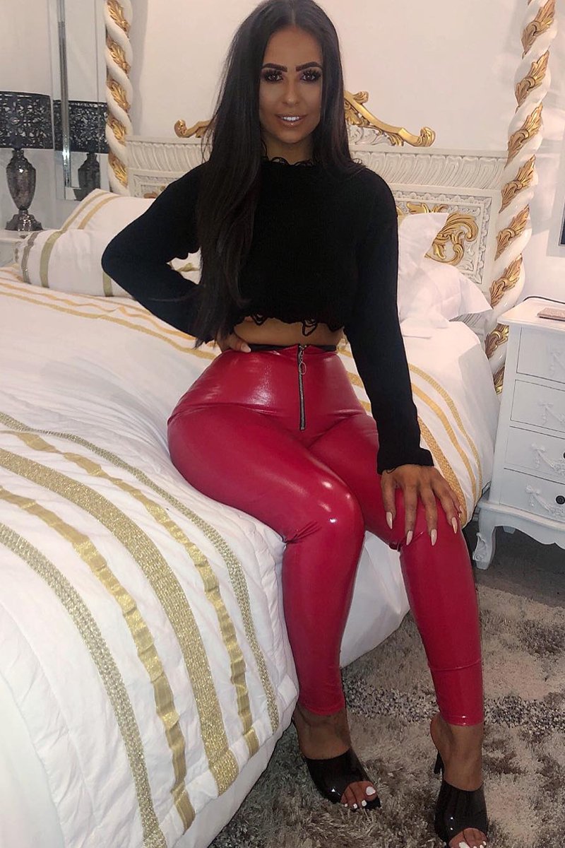 Red Shiny Vinyl Zip Front Leggings - Bonnie-Leggings