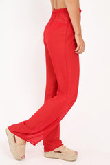 Red Shirred Wide Leg Trousers - Kamori-Trousers