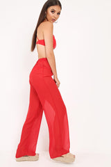 Red Shirred Wide Leg Trousers - Kamori-Trousers