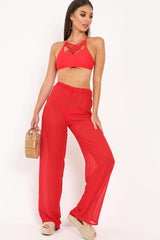 Red Shirred Wide Leg Trousers - Kamori-Trousers