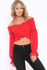 Red Shirred Wrap Over Bardot Crop Top - Zuri-Crop Tops
