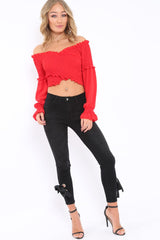 Red Shirred Wrap Over Bardot Crop Top - Zuri-Crop Tops