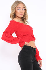 Red Shirred Wrap Over Bardot Crop Top - Zuri-Crop Tops