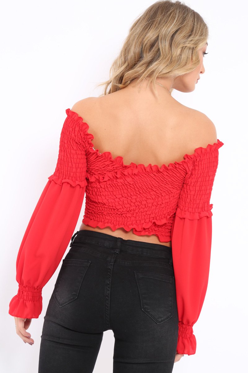 Red Shirred Wrap Over Bardot Crop Top - Zuri-Crop Tops