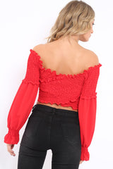Red Shirred Wrap Over Bardot Crop Top - Zuri-Crop Tops