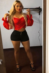 Red Shirred Wrap Over Bardot Crop Top - Zuri-Crop Tops