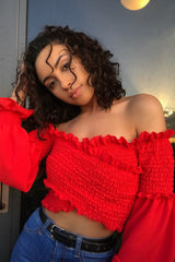 Red Shirred Wrap Over Bardot Crop Top - Zuri-Crop Tops