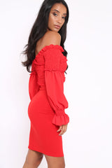 Red Shirred Wrap Over Bardot Mini Dress - Natasha-Dresses