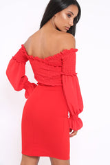 Red Shirred Wrap Over Bardot Mini Dress - Natasha-Dresses