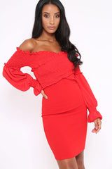 Red Shirred Wrap Over Bardot Mini Dress - Natasha-Dresses