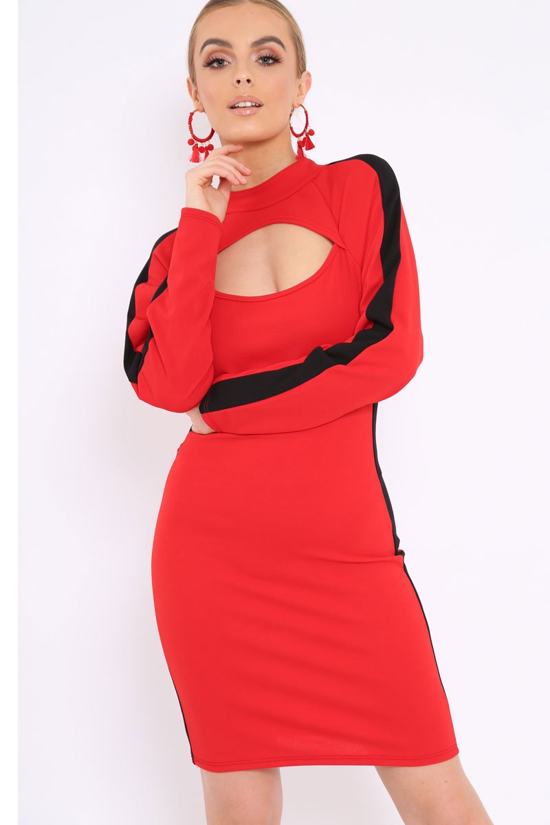 Red Side Black Striped Cut Out Dress - Layia-Dresses