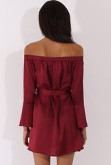 Red Silky Bardot Tie Waist Dress - Esther-Dresses