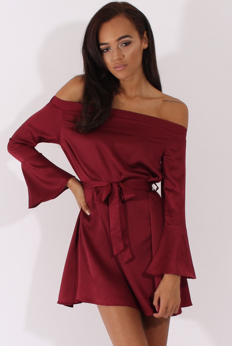 Red Silky Bardot Tie Waist Dress - Esther-Dresses