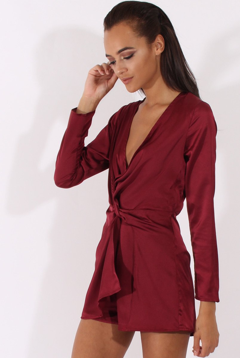 Red Silky Front Twist Playsuit - Venus-Playsuits