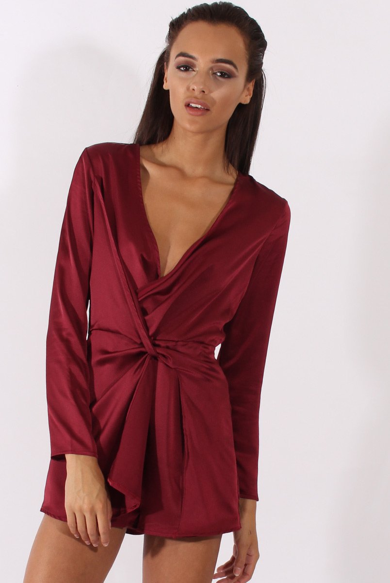 Red Silky Front Twist Playsuit - Venus-Playsuits