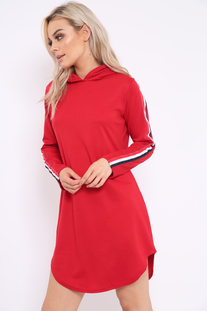 Red Sleeve Sports Trim Curve Hem Jumper Dress - Dixie-Dresses
