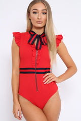 Red Sleeveless Frill Stripe Bodysuit - Laili-Bodysuits