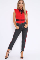 Red Sleeveless Frill Stripe Bodysuit - Laili-Bodysuits