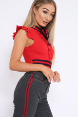 Red Sleeveless Frill Stripe Bodysuit - Laili-Bodysuits