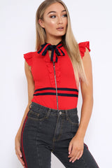 Red Sleeveless Frill Stripe Bodysuit - Laili-Bodysuits