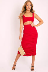 Red Slinky Bralet and Ruched Midi Skirt Co-ord - Valentia-Co-ords