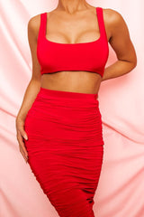 Red Slinky Bralet and Ruched Midi Skirt Co-ord - Valentia-Co-ords