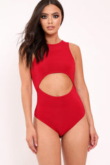 Red Slinky Cut Out Middle Bodysuit - Jolissa-Bodysuits
