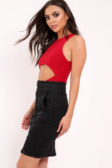 Red Slinky Cut Out Middle Bodysuit - Jolissa-Bodysuits
