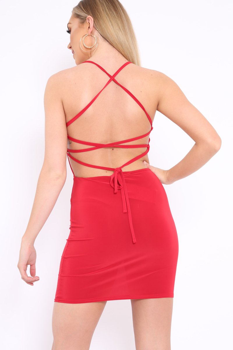 Red Slinky Lace Up Back Bodycon Dress - Jalina-Dresses