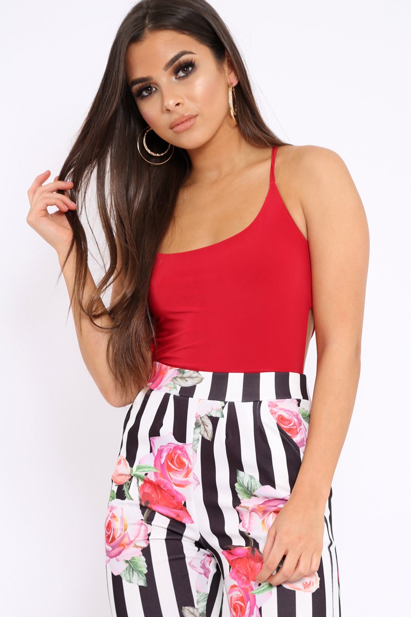 Red Slinky Lace Up Back Bodysuit - Danella-Bodysuits