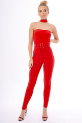 Red Slinky Lace Up Corset Choker Jumpsuit - Daisey-Jumpsuits