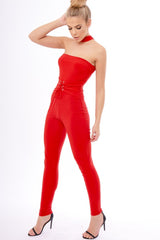 Red Slinky Lace Up Corset Choker Jumpsuit - Daisey-Jumpsuits