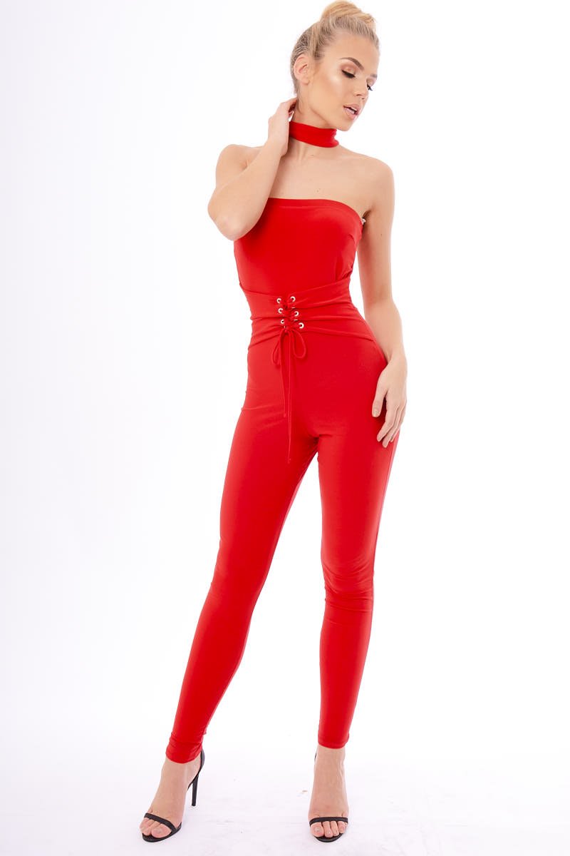 Red Slinky Lace Up Corset Choker Jumpsuit - Daisey-Jumpsuits