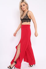 Red Slinky Split Front Trousers - Karly-Trousers