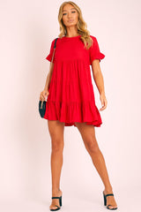 Red Smock Tiered Frill Sleeve Mini Dress - Olah-Dresses